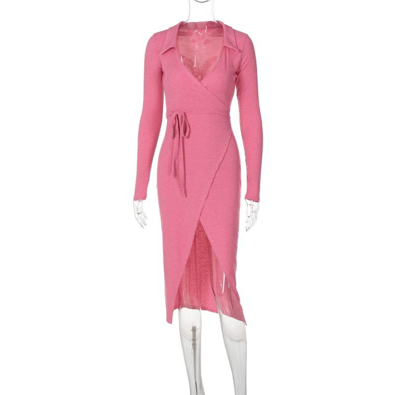 Long Sleeve Dress Sexy Bag Hip Tie Waist Slit Long Dress