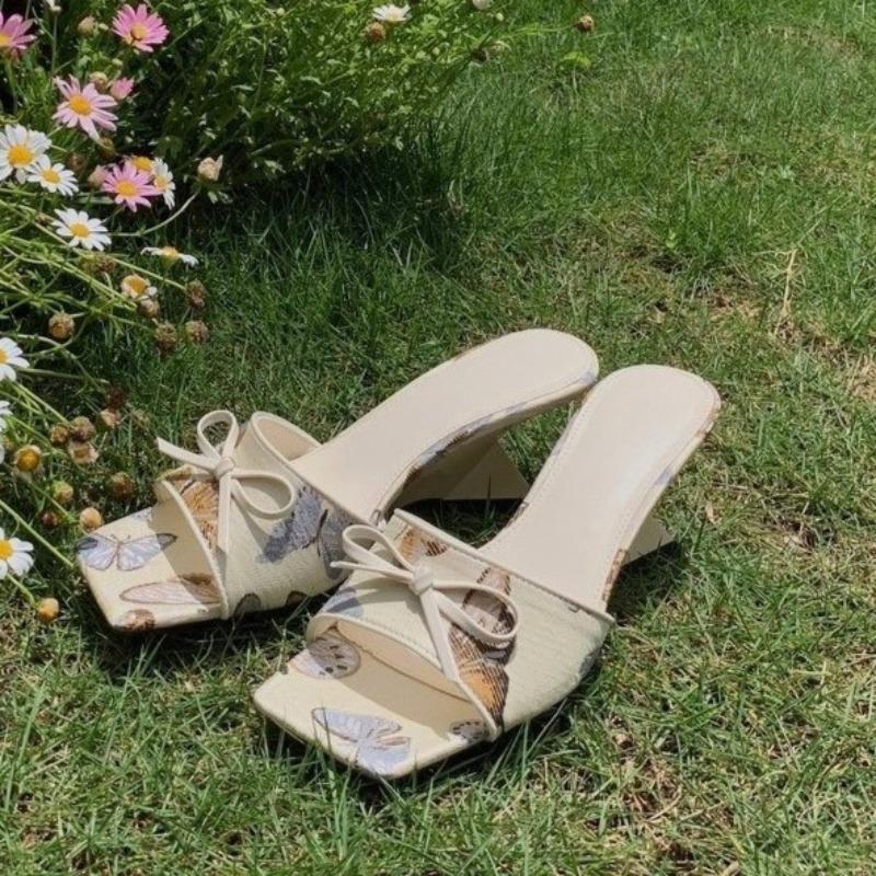 High Heels Slippers Summer New Square Head Open Toe Printed Butterfly Knot Anti-slip Wear-resistant High Heels