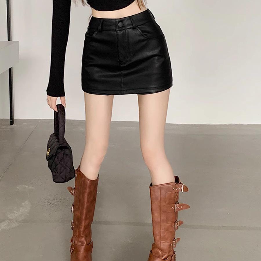 Spicy Girl PU Leather Coffee Mini Skirt: High Waist, Plus Size, Slimming Bodycon for Women’s Autumn/Winter