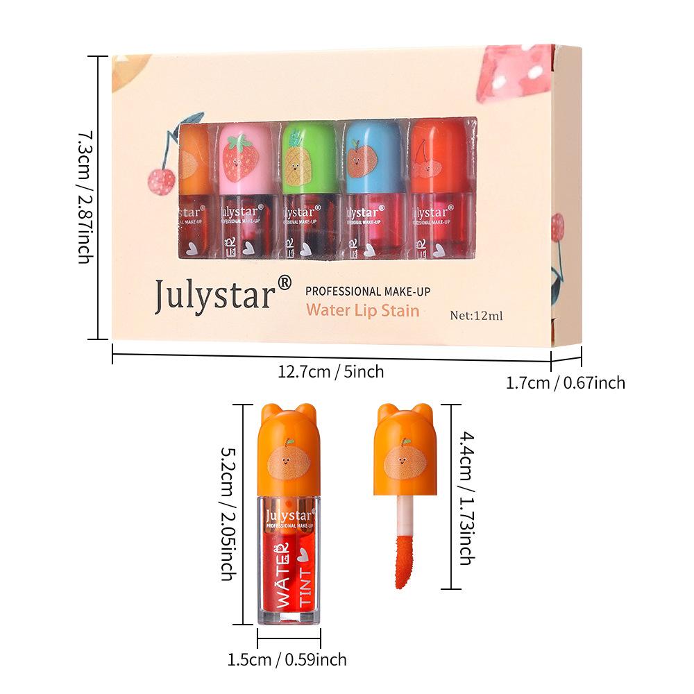 Julystar 6Pcs Lip Stain Set - Cute Bear Fruit Flavored Lip Tint Liquid Lip Gloss Kit, Long Lasting Waterproof Moisturizing Makeup Gift Set