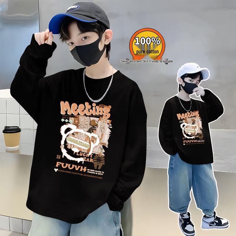 Trendiges Herbst-Baumwoll-Langarmshirt für Jungen - Lässiger lockerer Schnitt mit stylischem Buchstabenaufdruck