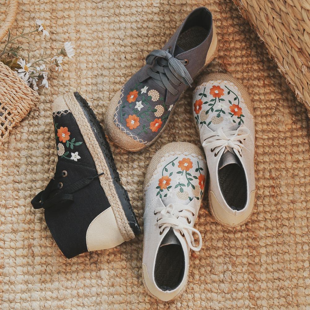 Damesko Håndlagde Vintage Broderte Ballerinaer Ankelstøvletter Sko Høy Topp Snøring Canvas Sneakers Lin Casual Fritid Espadriller