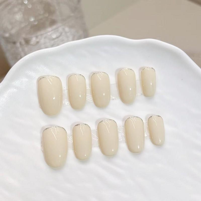 Handmade Press-On Nails Set Nude White Solid Color Minimalist Daily Wear Women Girls Short Oval