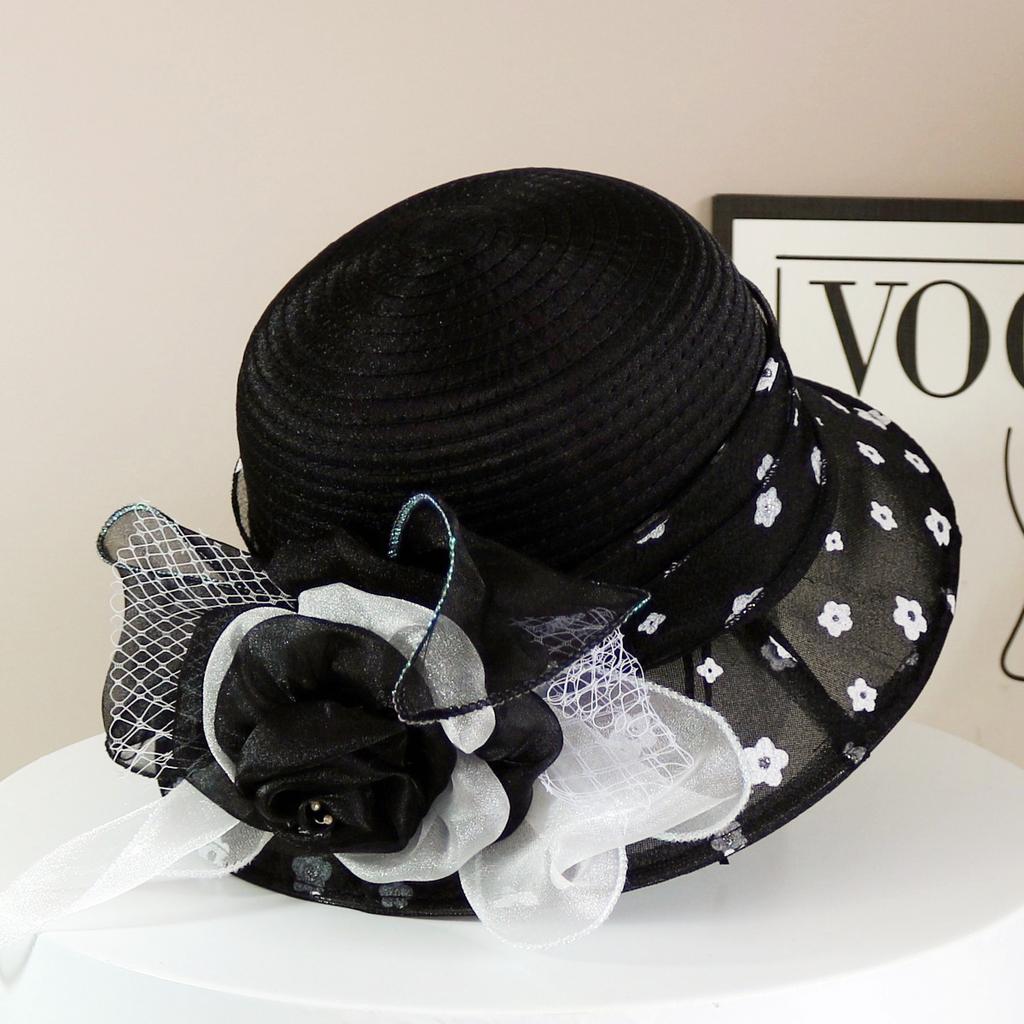 Fashion Hat Women Top Hat Elegant Organza Flower Wide Brim Sun Hat for Women Retro Style Party Banquet Accessory Foldable Beach