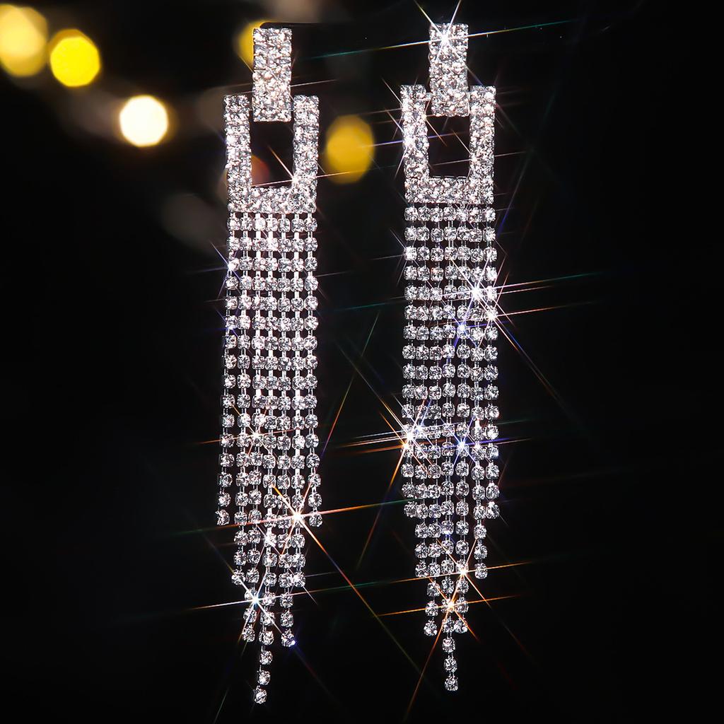 Luxury Shiny Rhinestone Long Fringed Earrings