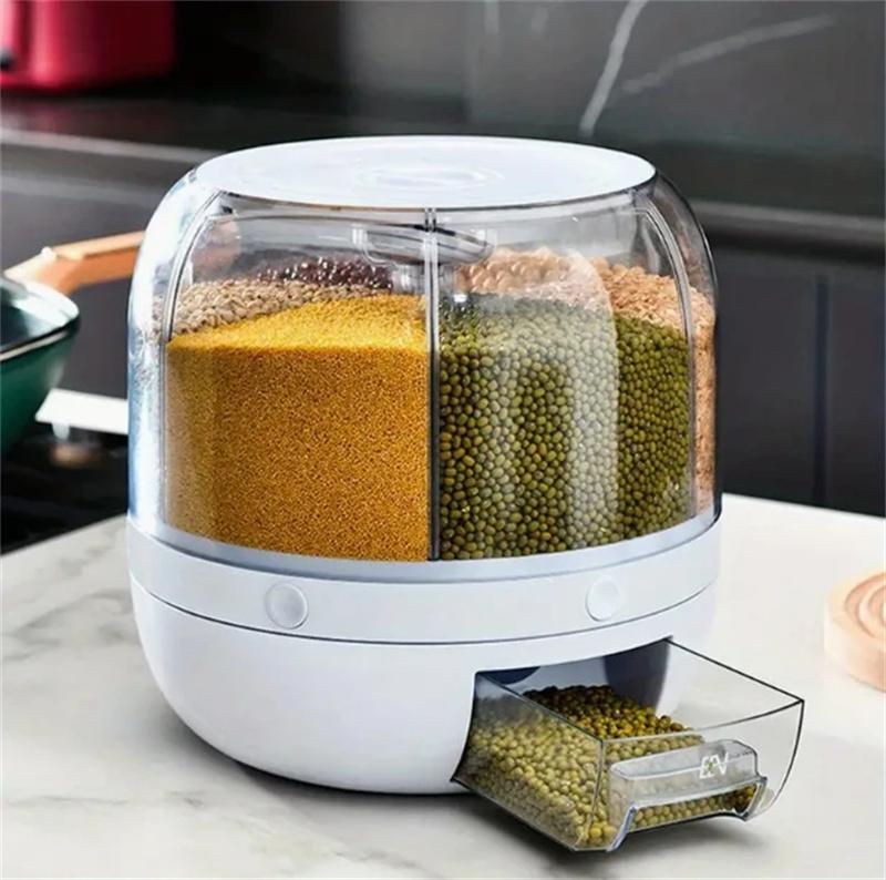 360 Degree Rotating Rice Dispenser Sealed Dry Cereal Grain Bucket Dispenser Moisture-proof Kitchen Food Container Storage Box