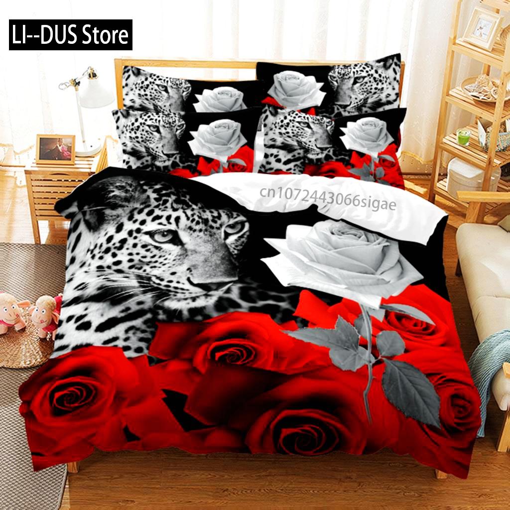 Red Rose Duvet Cover Comforter Pillow Case King Queen Size Flower Theme Valentine's Day Present For Women Room Decorations Gifts