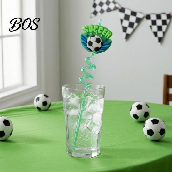 Reusable Plastic Straw 5Pcs Colorful Soccer Spiral Straws, Drinking Straws for Birthday Party Party, Football Theme Celebration Beverage Decor Unique