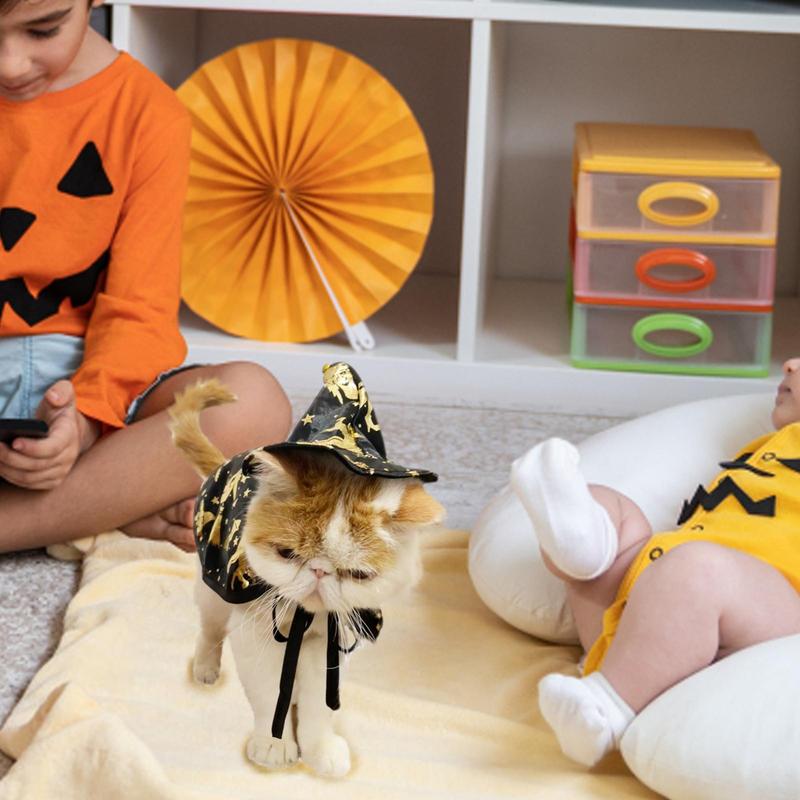 Katzenhexe Kostüm Haustier Halloween Umhang Gold Druck Design Cosplay Umhang Für Katzen Hunde Kleine Tiere Party Festlich Fotografie