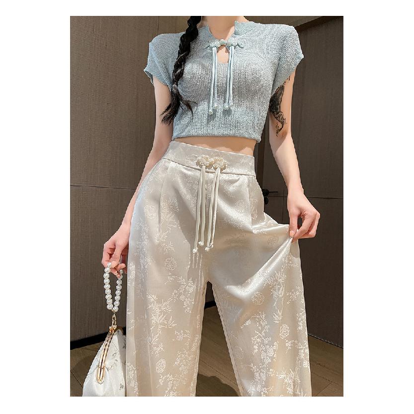 Chinese-style Faux Satin Jacquard Wide-leg Pants for Women, 2026 New Design, Niche High-waisted Slimming Casual Floor-length Trousers
