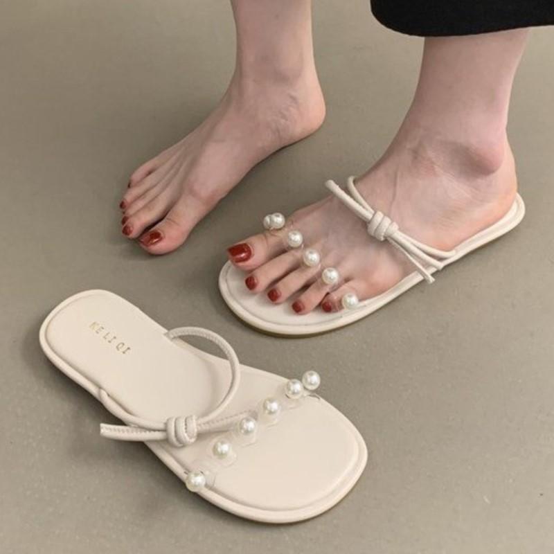 

Fashion 2025 Summer French Style Flat Transparent Belt One Strap Pearl Decorated Outdoor Womens Sandals Anti Slip Outdoor Slippers 39
