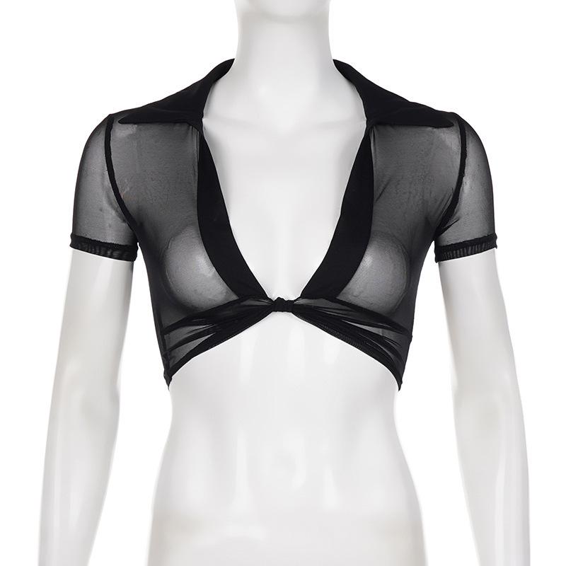 European Style Sexy Mesh V-Neck Short-Sleeve T-Shirt - Women's Summer Twisted Thin Solid Color Cover-Up Top