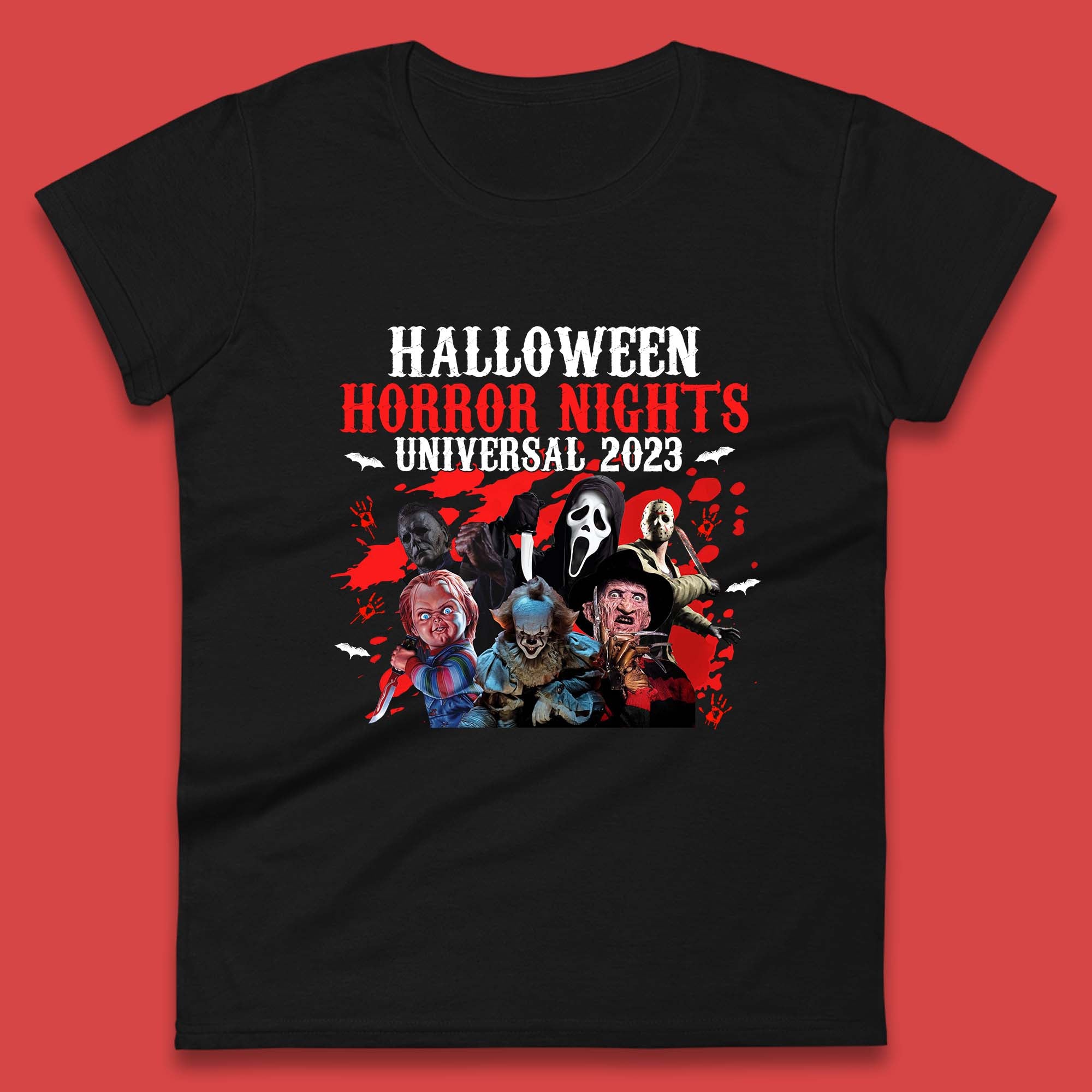 Halloween Horror Nights Universal 2023 Halloween Horror Movie Characters Friends Halloween Serial Killers Womens Tee T Shirt Mens Tops Unisex Top XL