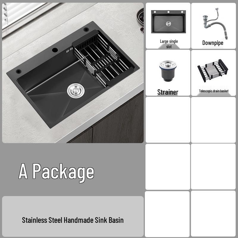 Stainless Steel Black Nano Large Single Bowl Kitchen Sink for Vegetables, Dishwashing, and Handwashing, Thickened Handmade Design