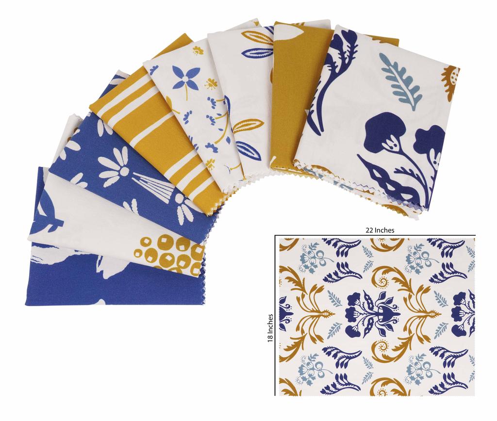 Soimoi 8 Pc Fat Quarter Bundle-  Asian Block  Print 18"x 22"  DIY Patchwork-  100  Cotton  Pre-Cut Quilting Fabric  Blue- Mustard &