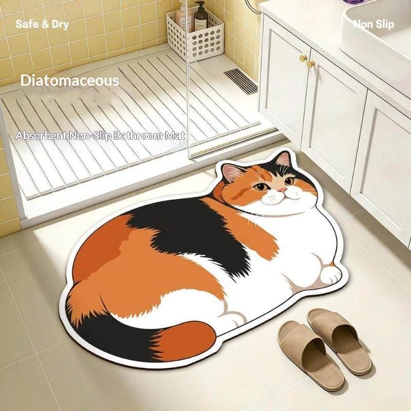 Diatomite Bath Mat Kawaii Cat Print Non Slip Super Absorbent Odor Resistant for Home Bathroom Shower Use