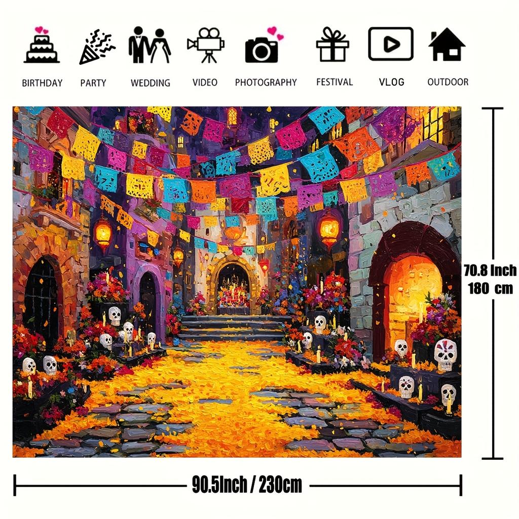 2D banner 1 piece of colorful Halloween-themed background equipped with festive banner bright flowers and decorative skulls