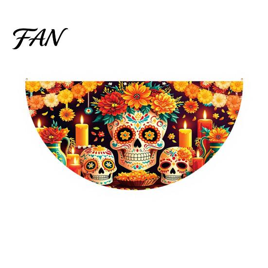 Reusable Party Entrance Sign Day of The Dead Skull Bunting Banner, Marigold Print Fiesta Unique Fan Shaped Banner Hanging Flag, Colorful Sugar Outdoor
