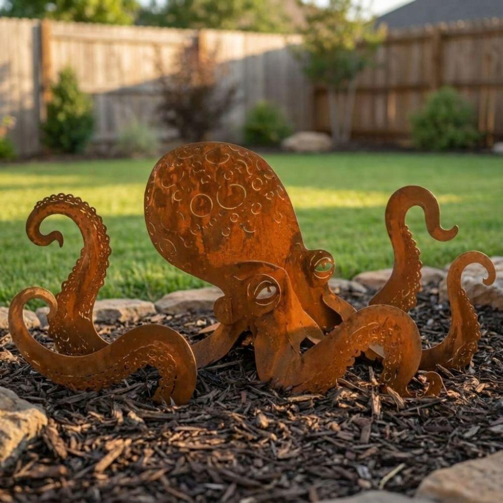 Vintage Iron Rusty Metal Squid Garden Statue Coastal Art Squid Yard Art Decor Outdoor Yard Art