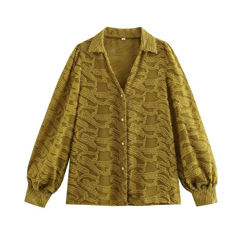 Kaslead New Arrival Women's Clothing Fashion Style Fashion Minimalist Texture V-neck Lantern Sleeve Shirt