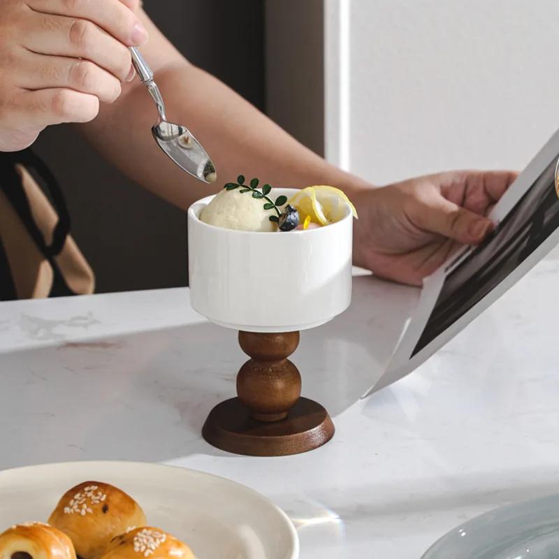 French Vintage Dessert Ice Cream Ceramic Goblet High-legged Retro Wooden Handle Tea Fruit Saucer Pudding Cup Candle Holder