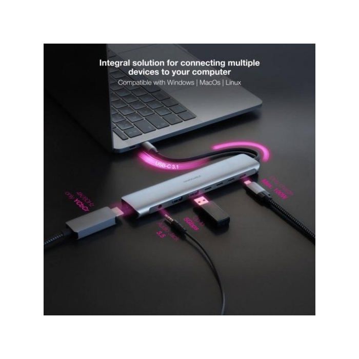 Hub USB-C 8 en 1 - NANO CABLE - 10.16.4608 - HDMI 4K - 2xUSB-A - 3xUSB-C - Gris