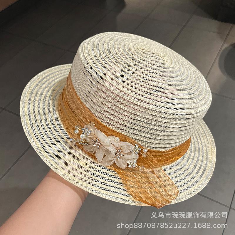Ladies mother top hat spring and summer in the elderly new flat flower mesh hat seaside vacation beach hat
