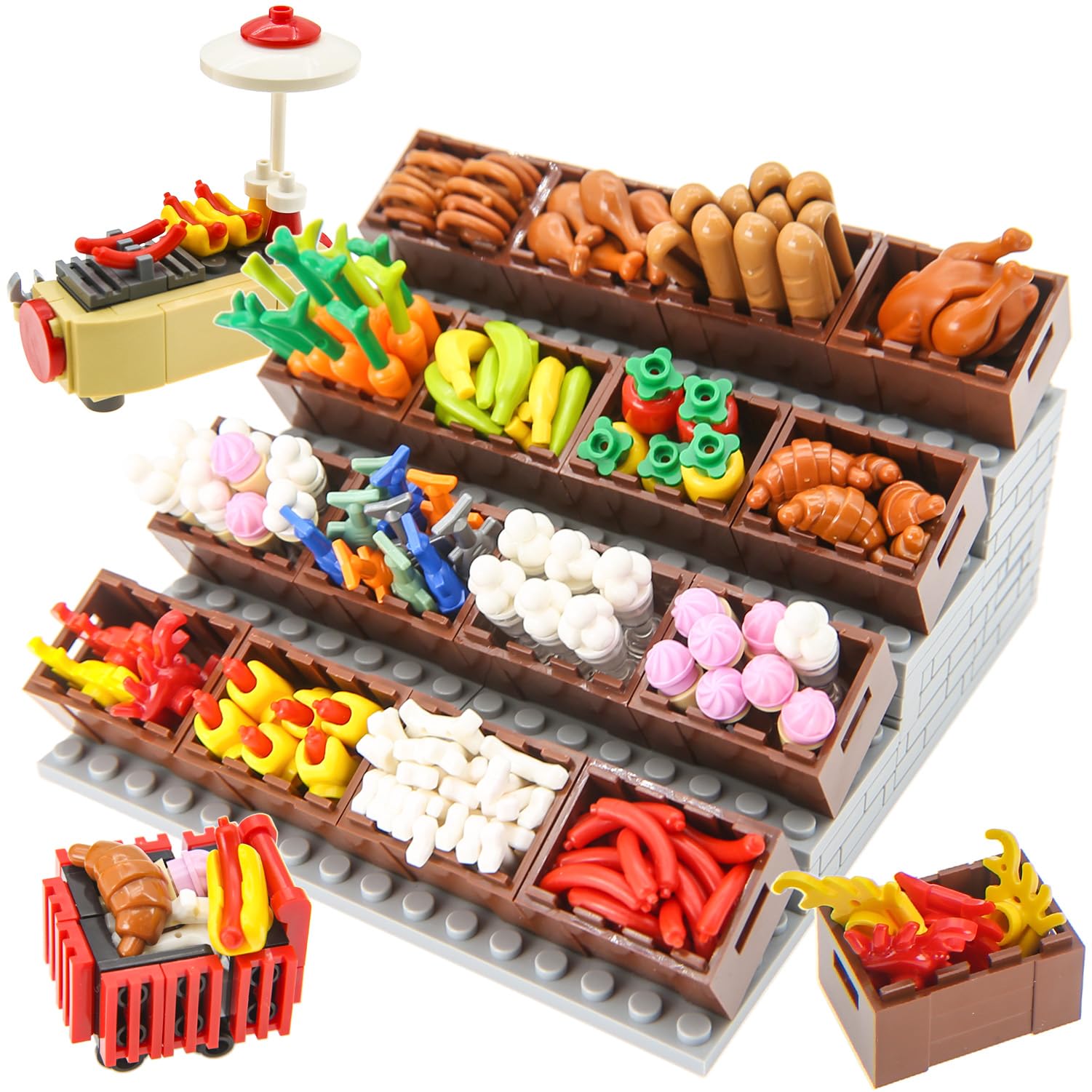 

Ylutex Supermarket Food 191-Piece Hot Dog Cart, Mini Vegetable Pan, Turkey, Carrots, Sausage, Food Basket Building Blocks Toy Set Compatible with