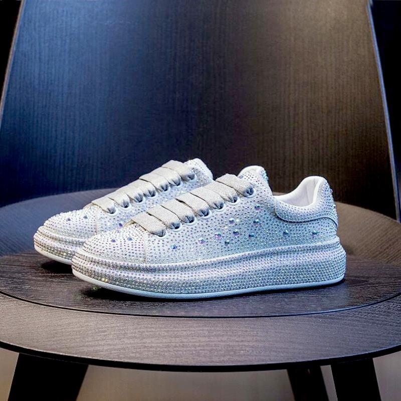 Fashion Leather Low-top Hot Diamond Sneakers for Men and Women, Red Style Lace-up Casual Daddy Shoes, Plus-size Sports Shoes 45, 46 A8