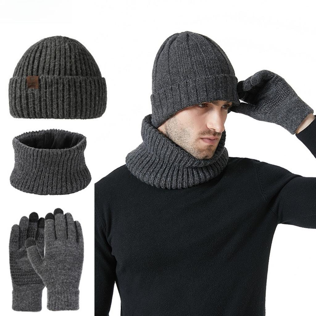 Men and Women, Warm Hat, Knitted Hat, Thick Scarf, Warm Gloves, Three Piece Set
