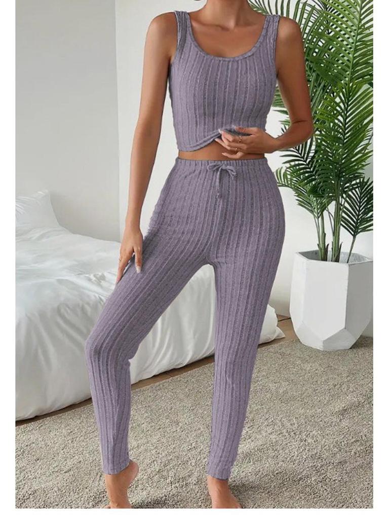 Nieuwe Stijlvolle Ronde Hals Geribbelde Effen Kleur Dames Driekwart Set