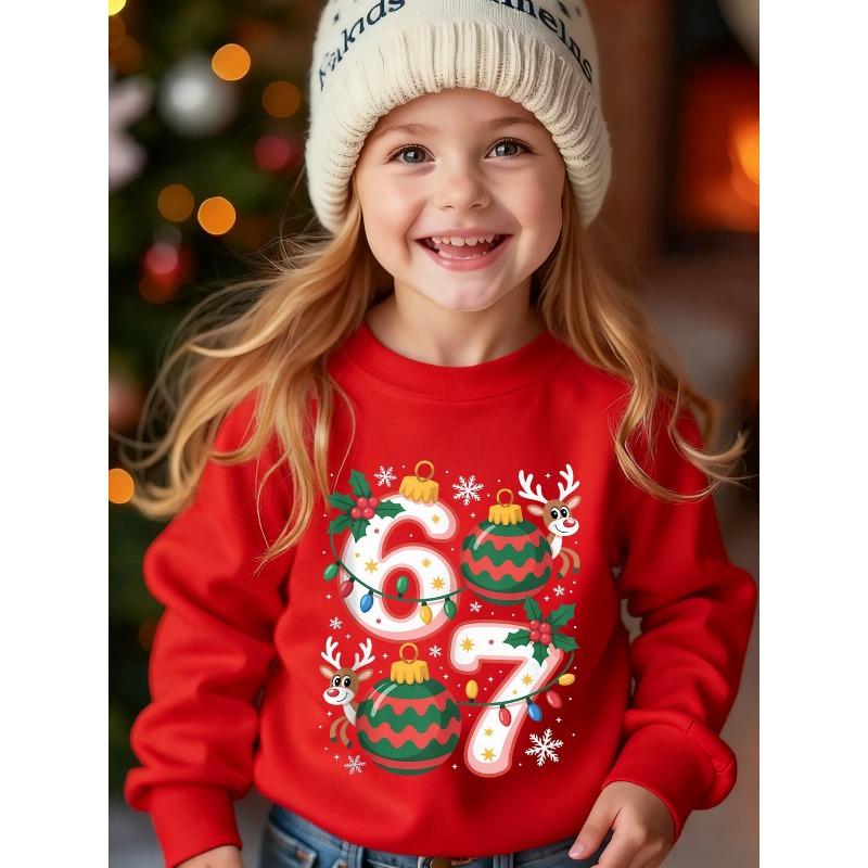 Unisex Kids Black Crewneck Sweatshirt For 4-12 Boys Girls Christmas Bauble Reindeer Holly Snowflake Number 67 Print Soft Fleece Long Sleeve Pullover