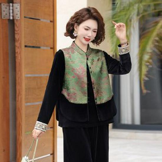 

Spring and Autumn Chinese-Style Gold Velvet Three-Piece Set for Middle-Aged Women 3XL зелёный