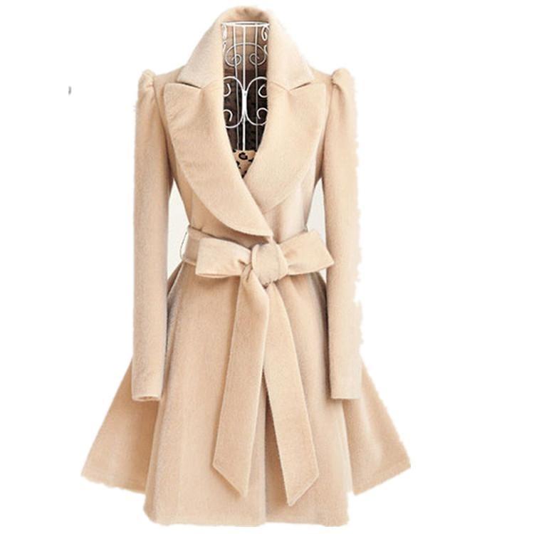 Woolen Coat Belted Slim Windbreaker Women Winter Fashion Outerwear S