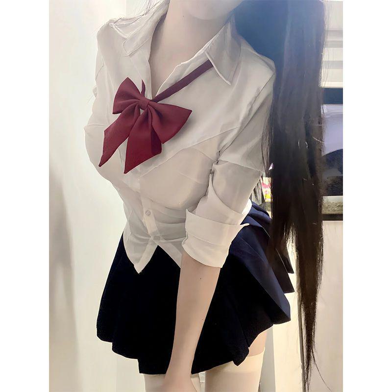 Preppy JK Uniform Set: Long-Sleeve Waist-Cinching Shirt & Black Pleated Skirt for Female Students