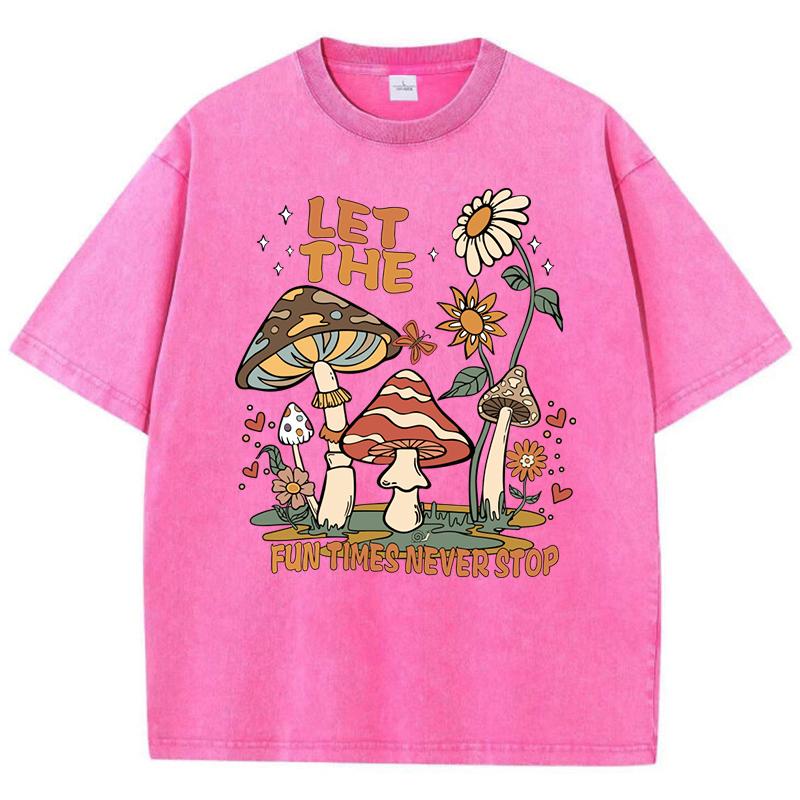 Fun Times Never Stop Mushroom Sunflower Print Washed Womens T-Shirt Loose T Shirts Summer Cotton Streetwear Clothes