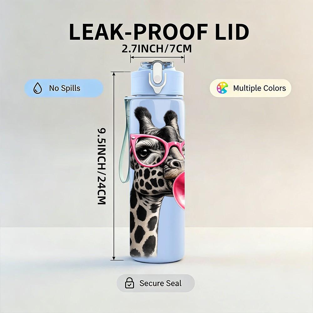 1PC Giraffe Blowing Bubble Cute Print 750ml Color Plastic Sports Water Bottle Leakproof Flip Straw Lid Suitable for Sports Office Home Use