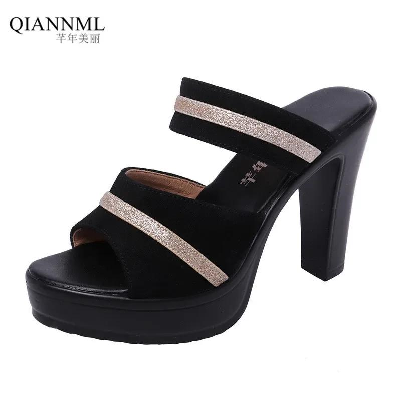 10cm Small Size 32-43 Summer Mix Color Block High Heels Shoes 2025 Soft Leather Slippers Platform Slides for Office Model Work