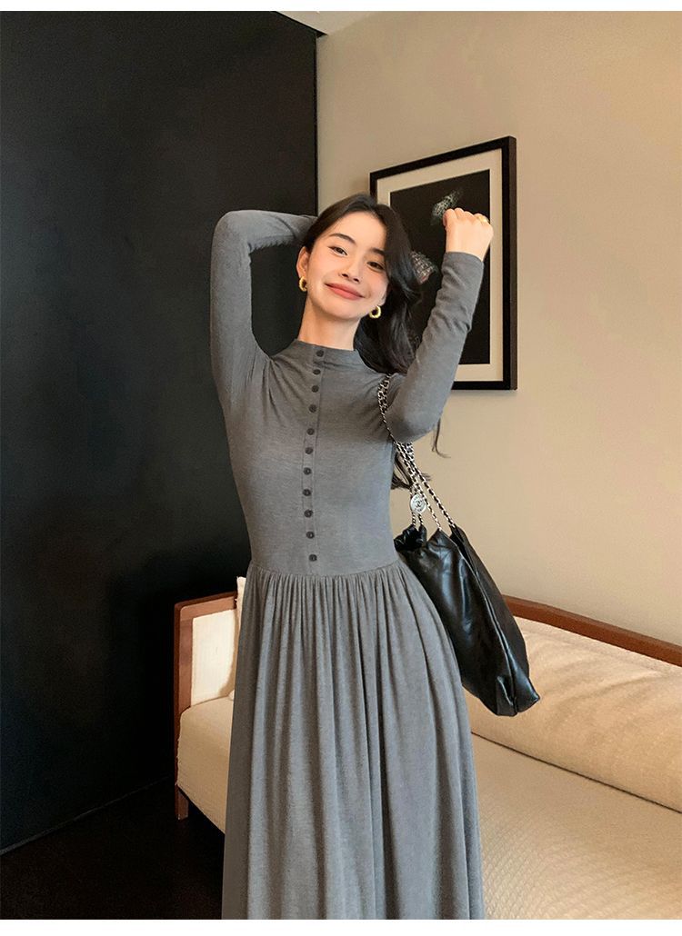 

High-end design French long-sleeved dress autumn and winter new stand-up collar temperament waist bottom slim dress S серый