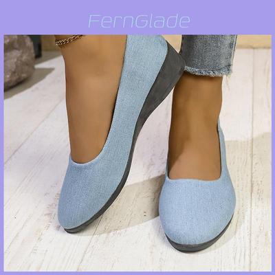 Stylish Spring New Women's Casual Wedge Loafers In Denim Blue And Gold Colors For Everyday Comfort