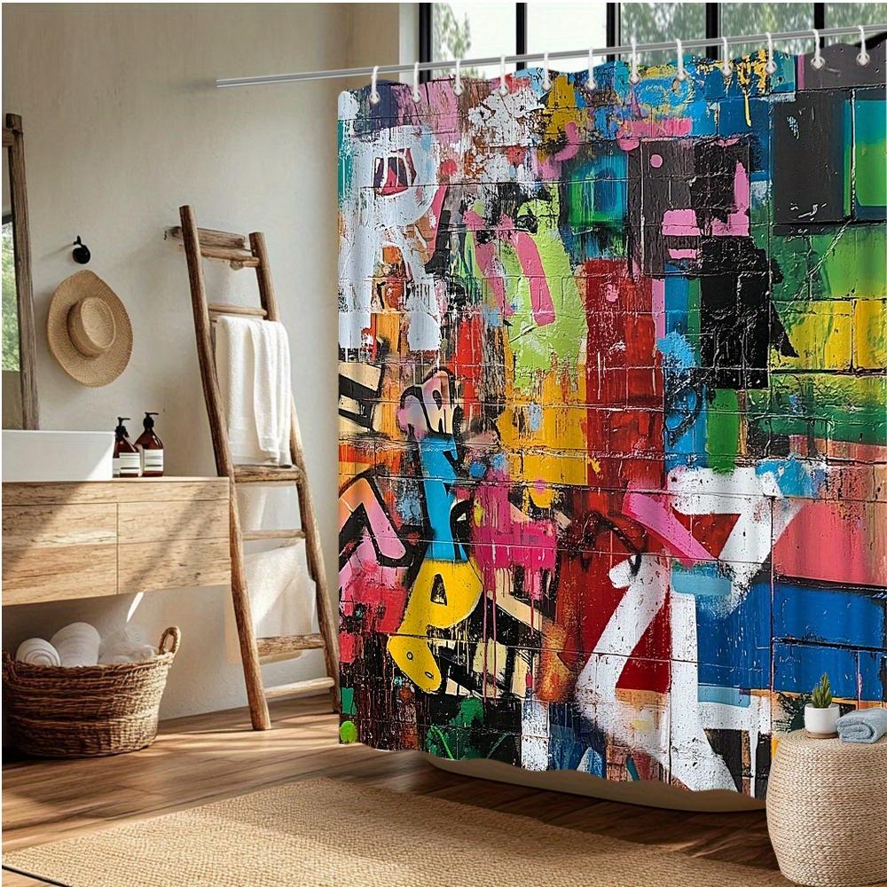 Abstract Graffiti Shower Curtain – Vibrant Street Art, Colorful Urban Design, 70.8x70.8in, Polyester, Includes Hooks