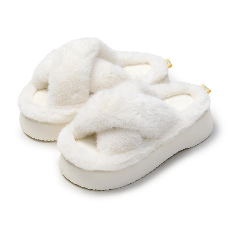 Excellent thick-soled fluffy slippers for women's outer wear spring and summer new cross-white fluffy morning robe slippers