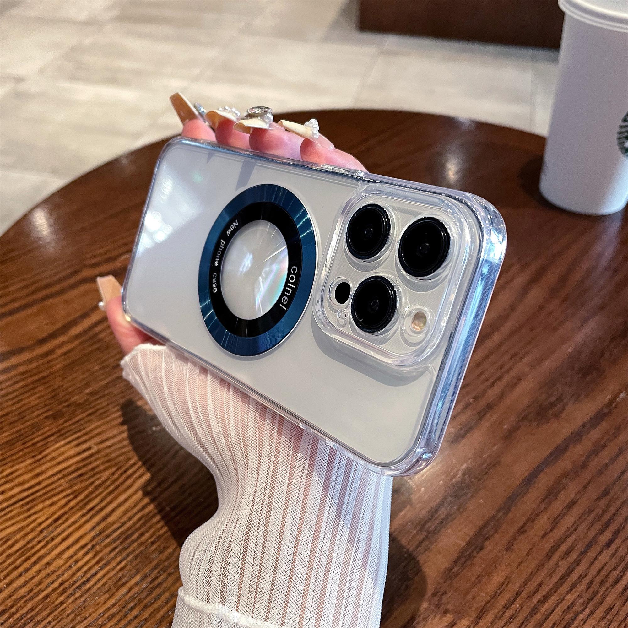 

For iPhone 15 Pro Max Magnetic Case Clear Back Phone Cover TPU+PC with Ring Logo View Navy Blue