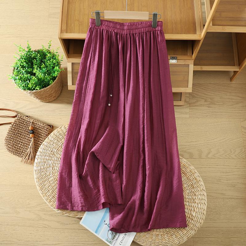 DIMANAF Plus Size 2026 Women Linen Pants Elastic Waist Vintage Basic Lady Solid Lace Wide Leg Long Pants Oversize Loose Tencel