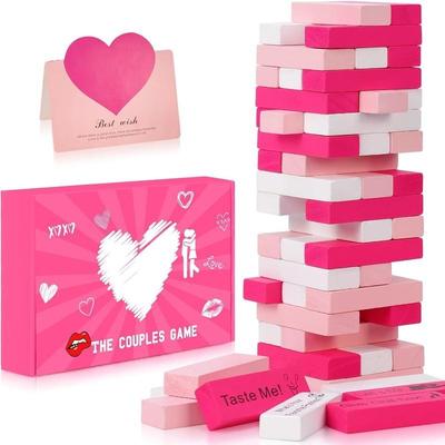 Couple Game for Adults, 48pcs Pink Wooden Lust Tower Game for Naughty Date Night Ideas and Fun Couple Gifts for Her, Unique Stacking Games Gift