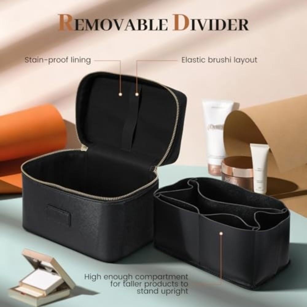 PU Leather Makeup Bag Square Shape Waterproof Toiletry Bag Large Capacity Removable Divider Camera Storage Bag for Women & Men