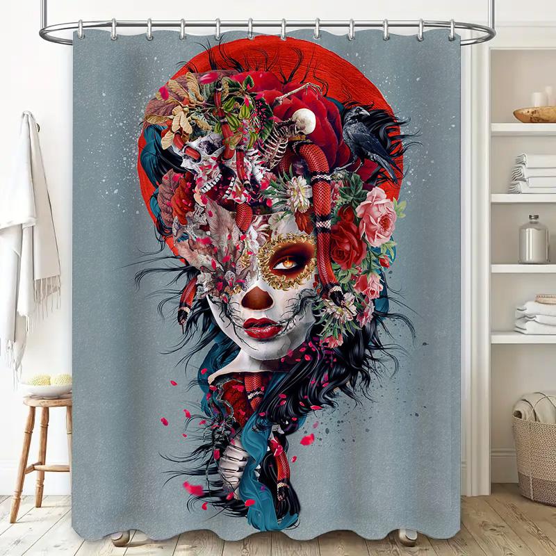Artistic Decor Shower Curtain Featuring A Gothic Skull Woman With Red Roses Perfect For Halloween Or Day Of The Dead Celebration