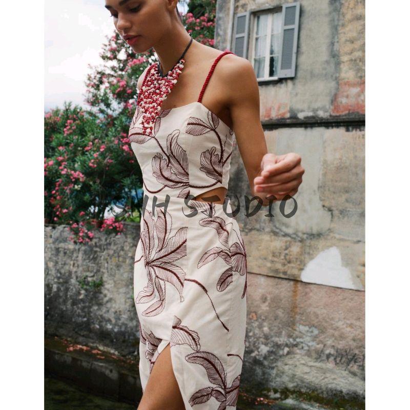 Summer New Product Women's Clothes French Straight-leg Collar Holiday Cut Out Embroider Open Back Midi Skirt Dress 8170901