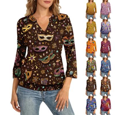 Women's 3/4 Sleeve Top With Cuffed Hem, V-Neck, Summer Casual -Shirt, Carnival Printed Top
