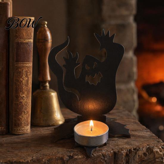 Wear Resistant Black Holder Halloween Ghost Candle Holder, Solid Wood Tea Light Stand, Maple Leaf Hollow Silhouette Shadow Base Candlestick,